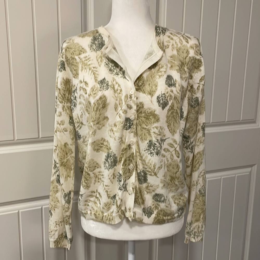 VTG Cotton Villager Sport by Liz Claiborne Leaf Print Cardigan Sweater